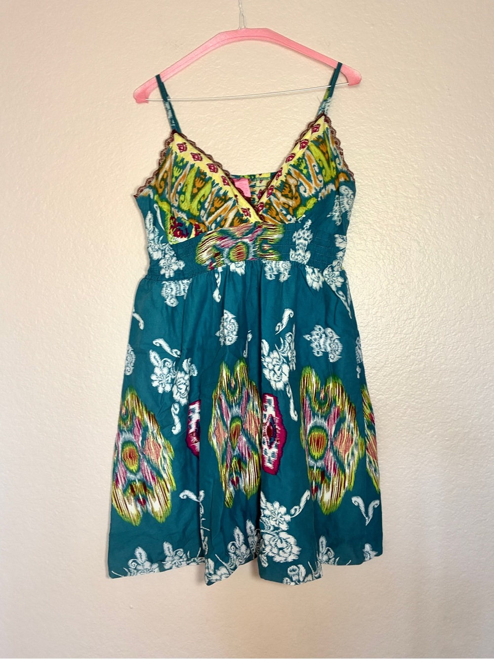 She’s Cool 100% Cotton Teal Green Pink Floral Spaghetti Strap Babydoll Dress Y2K